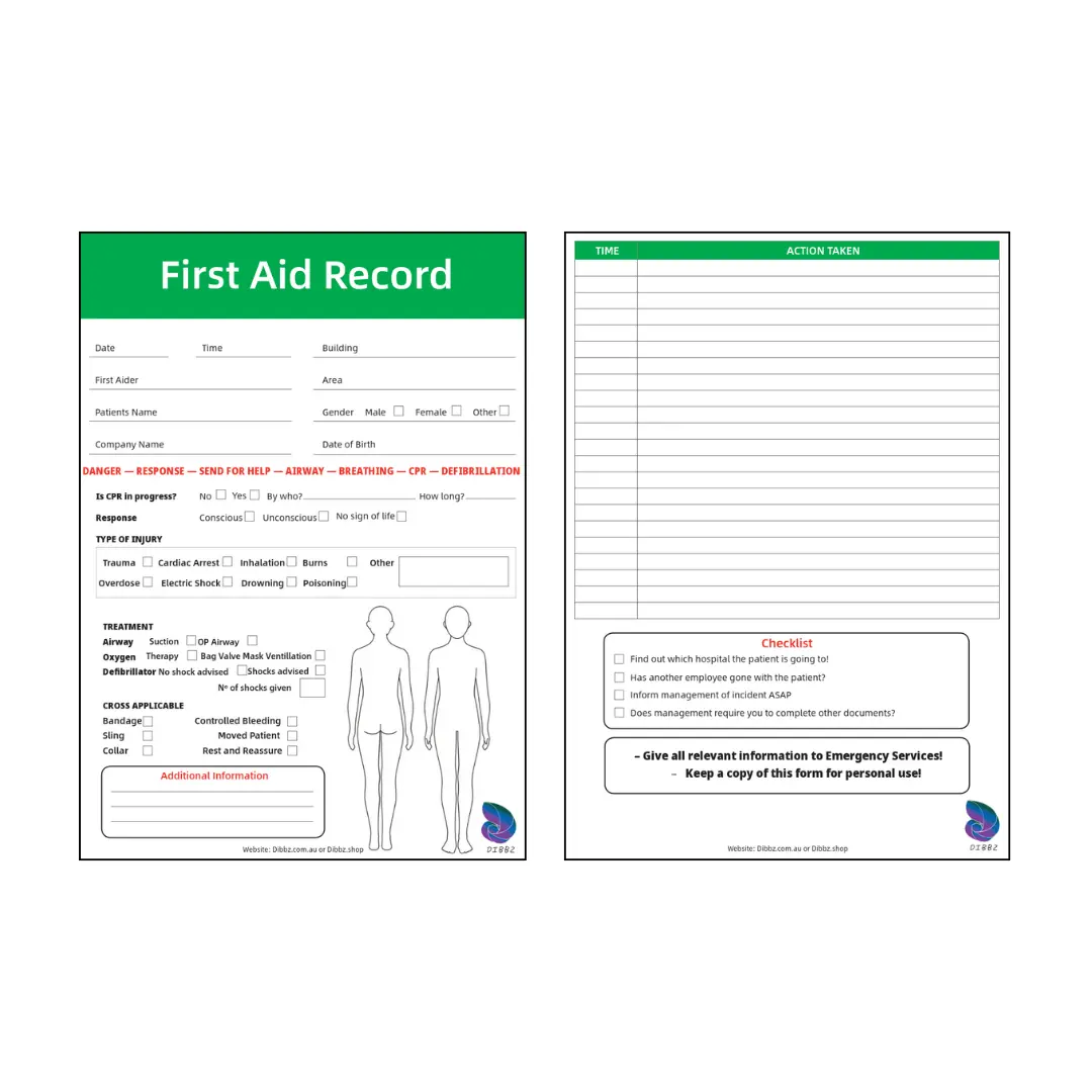 A4 First Aid Checklist notepad Front and Back photo with hardback cover, open to show structured prompts and checkboxes