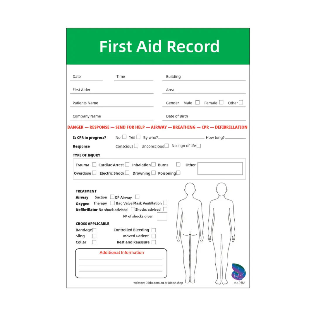 A4 First Aid Checklist notepad with hardback cover, open to show structured prompts and checkboxes