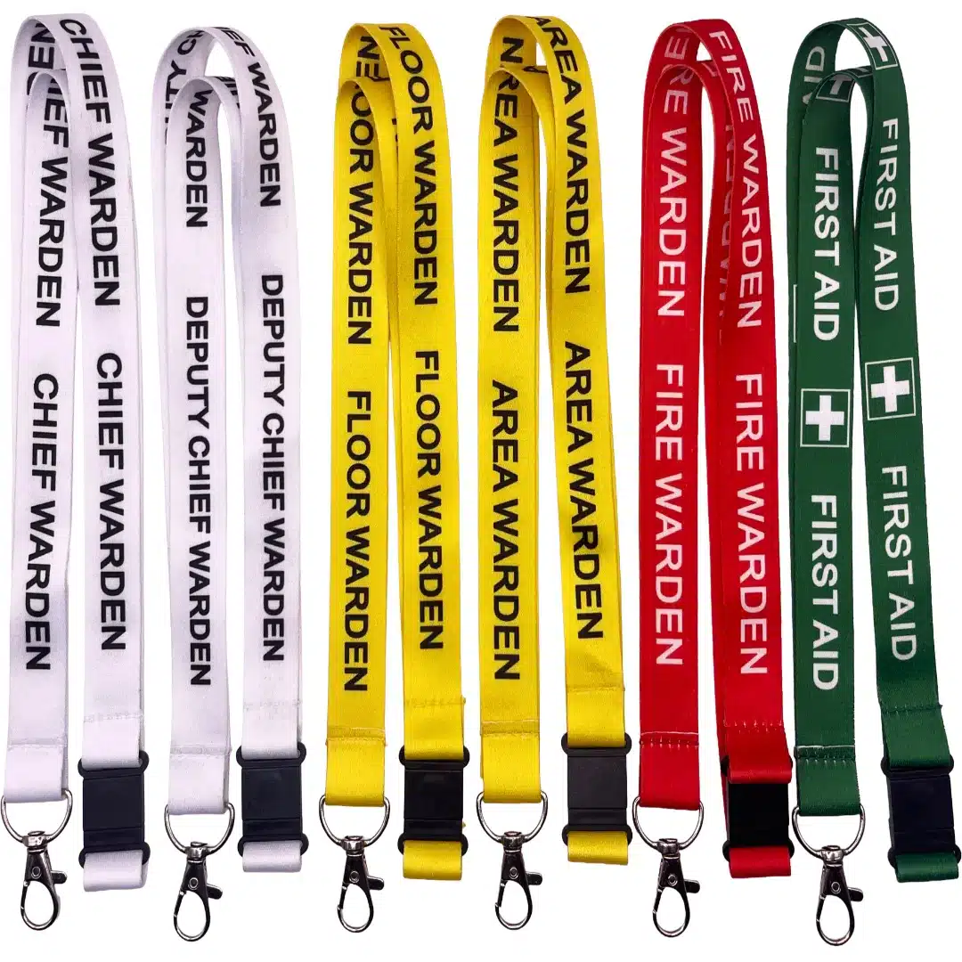 A group of color-coded warden lanyards including Chief (white), Floor (yellow), Fire (red), and First Aid (green) on a white background.