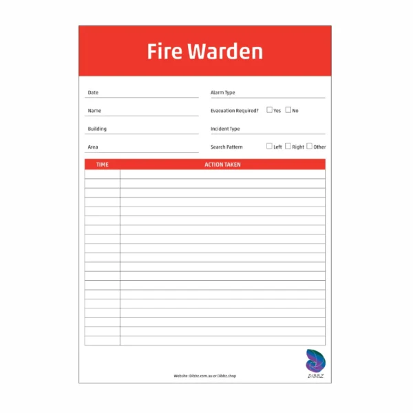 Digital layout of the Fire Warden evacuation checklist for area clearing and staff accounting.