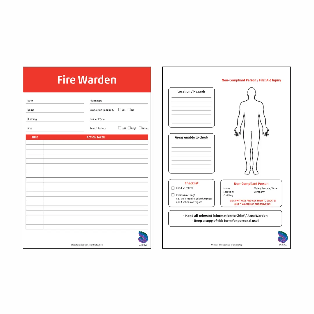 Front and back view of the Fire Warden clearing checklist showing room-by-room status tracking.