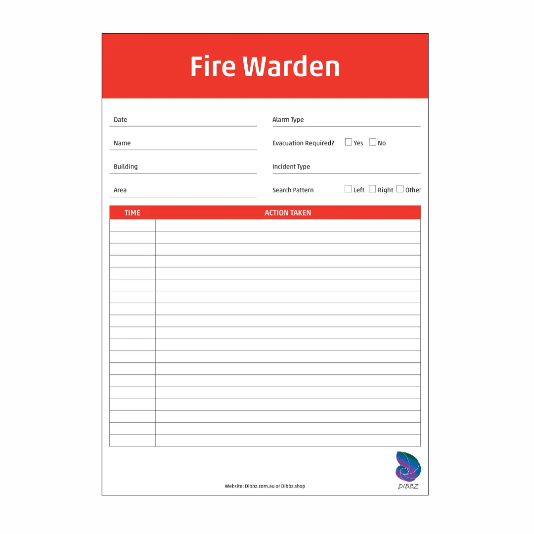 Digital layout of the Fire Warden evacuation checklist for area clearing and staff accounting.
