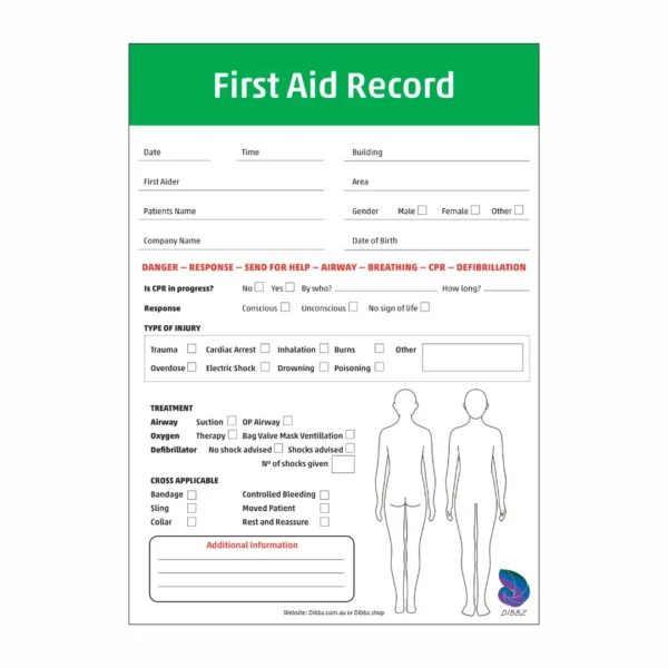 Clean digital template of a First Aid Record featuring green header and anatomical body diagrams.