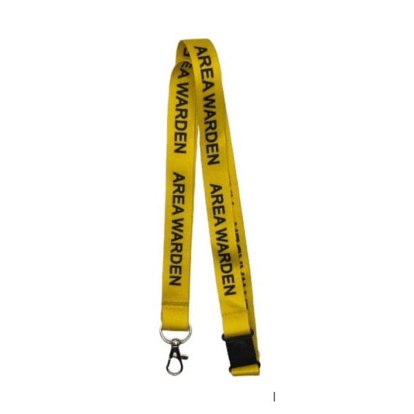 Yellow Area Warden lanyard with bold black text on a white background.