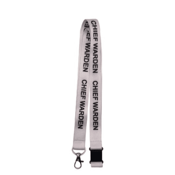 White Chief Warden lanyard with bold black text on a white background, featuring a safety breakaway clip.