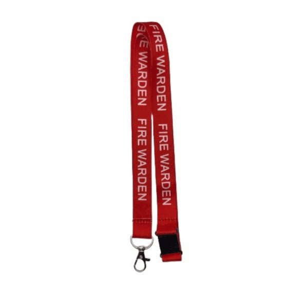 Red Fire Warden lanyard with high-contrast white text and a metal swivel hook on a white background.