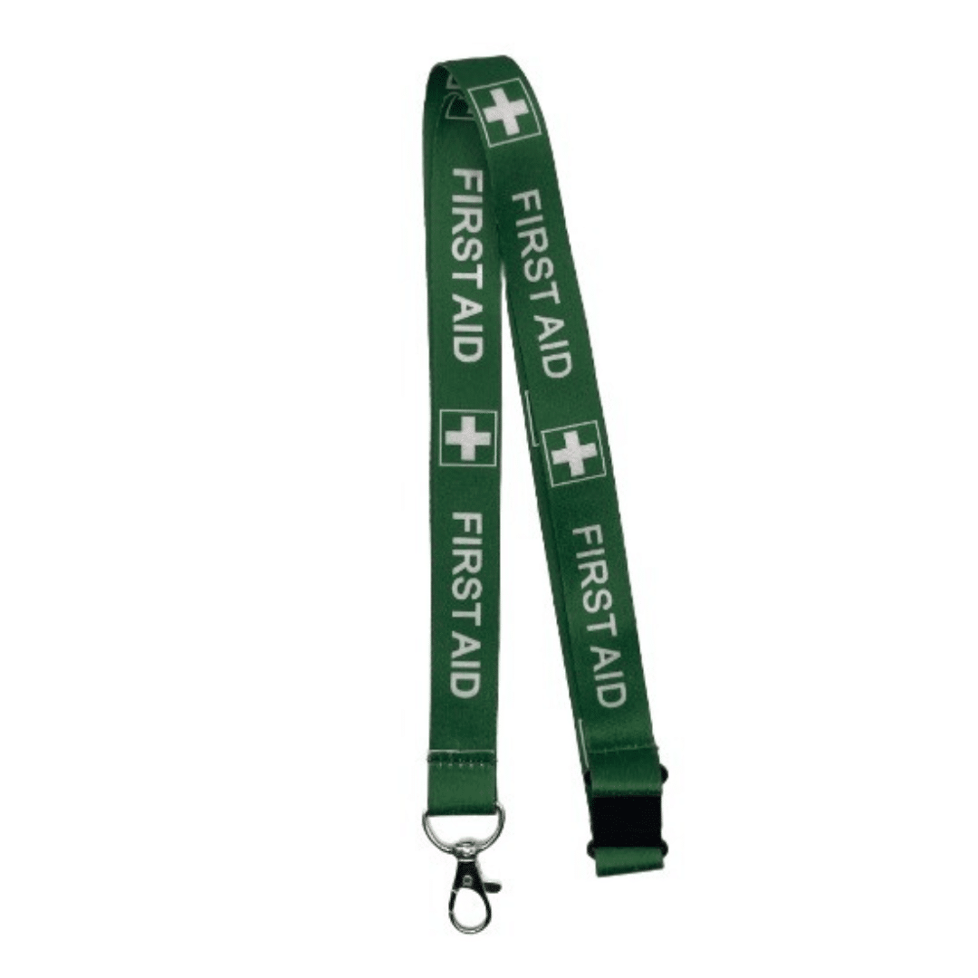 Green First Aid lanyard featuring a white medical cross symbol and white text on a white background.
