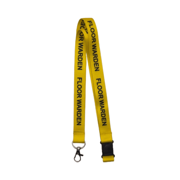 Yellow Floor Warden lanyard with black text on a white background.