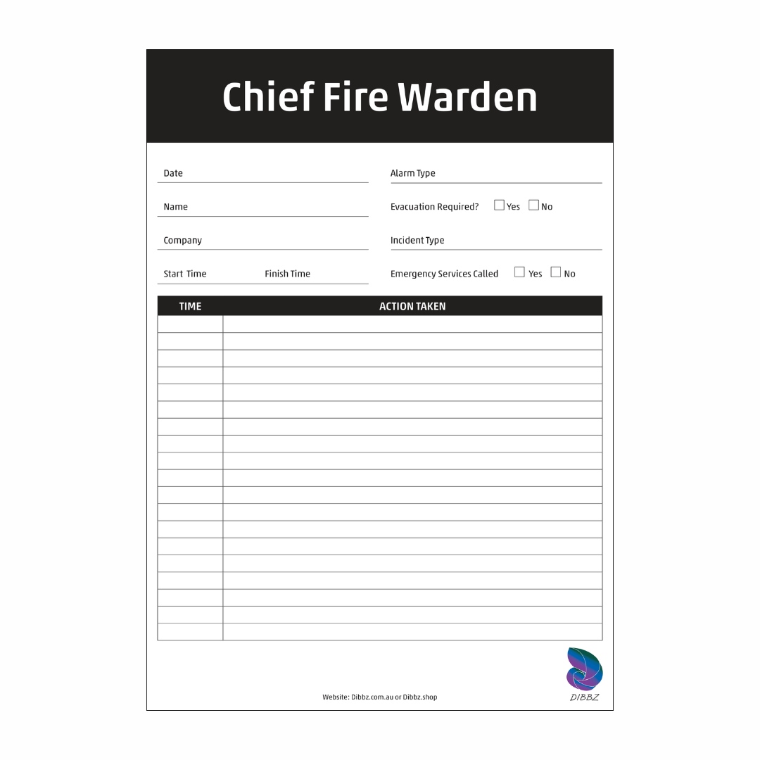 Front layout of Chief Warden Emergency Management Checklist featuring white identification theme for coordinating facility evacuations and emergency services tracking