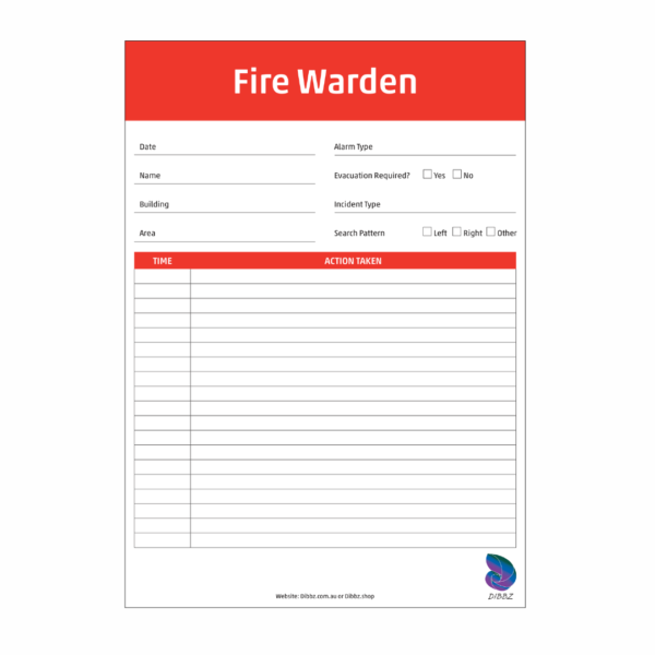 Front layout of A4 Fire Warden Checklist notepad with red identification border for AS3745 compliant workplace evacuation drills and area clearing logs