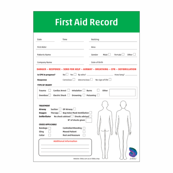 Front layout of green identification First Aid Checklist notepad with structured DRSABCD prompts for documenting workplace injuries and medical incident reports