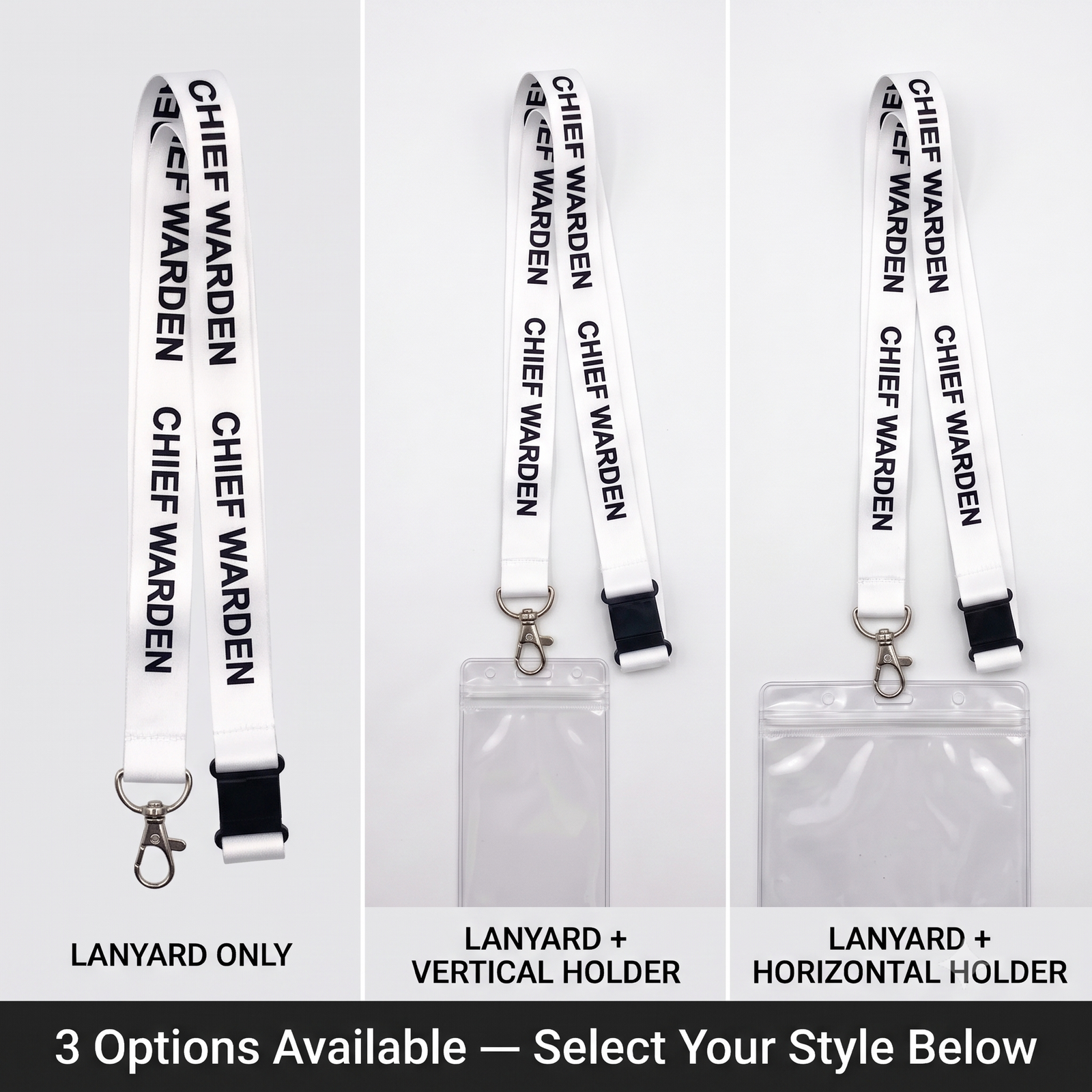 White Chief Warden breakaway lanyard with vertical and horizontal ID holder option bundles