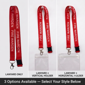 Red Fire Warden breakaway lanyard with vertical and horizontal ID holder option bundles