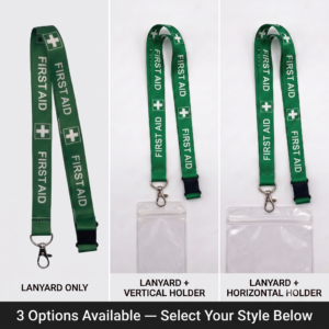 Green First Aid breakaway lanyard with vertical and horizontal ID holder option bundles
